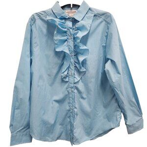 VTG Easton Park Womens Shirt Sz 16 Blue Ruffle Long Sleeve Button Up Preppy NEW